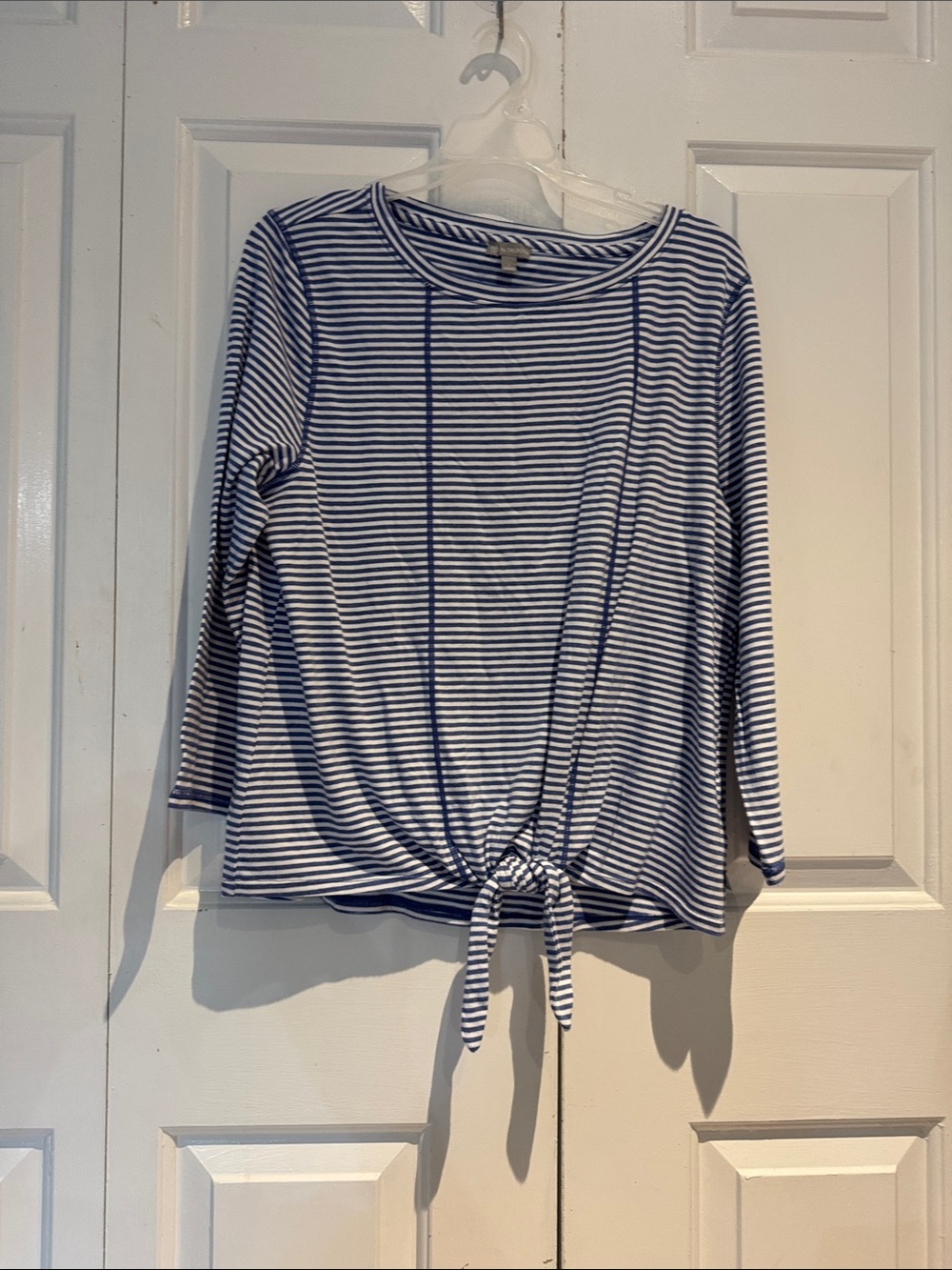 Women's Striped Tie-Front Long Sleeve Top - Blue & White by Talbots size Large
